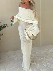 Elegante vestido maxi de malha para senhoras, manga longa, ombro fora, branco, vestido de verão para convidados, festa na praia, vestido de noite, luxo, 2024