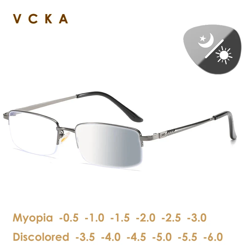 

VCKA Discolored Myopia Glasses -0.5 To -10 Women Men Half Frame Anti Blue Light Photochromic Prescription Spectacles Nearsighted