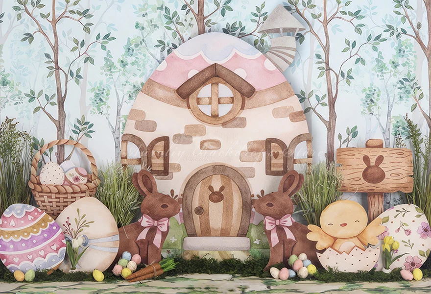 Easter Bunny Cottage Backdrop Kids Baby Cake Smash Photography Props Child Adult Birthday Photoshoot Backgrounds