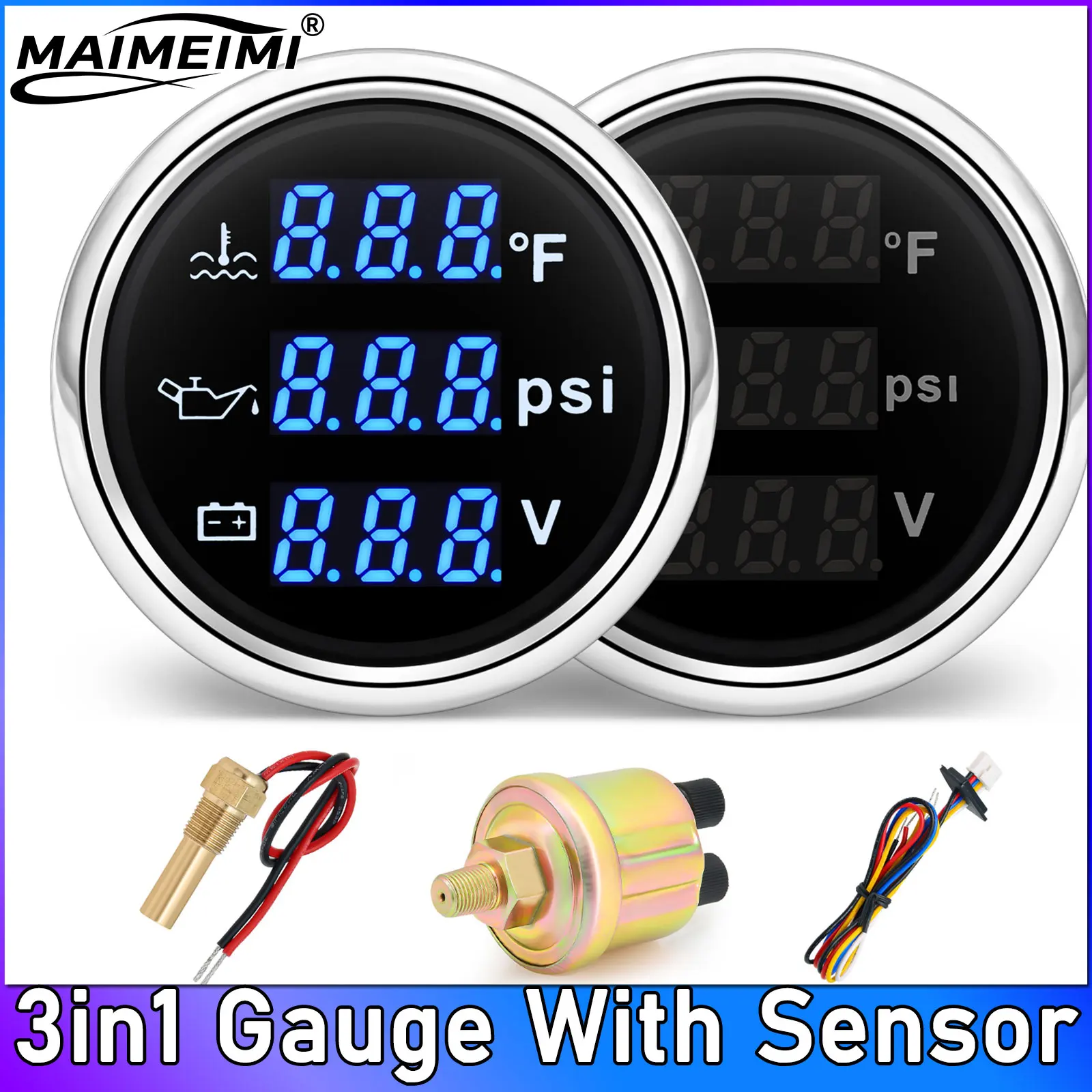 

52mm 3in1 Gauge Oil Pressure Meter 0-145 PSI Water Temp Gauge 104-248℉ Voltage with Blue Backlight 12V Waterproof