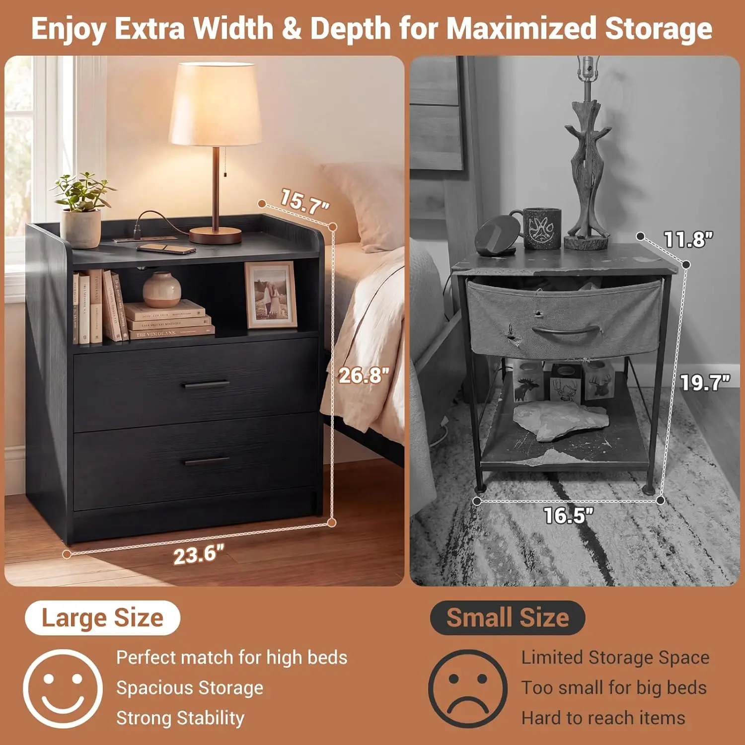 Nightstand Set of 2 with Charging Station USB, 23.6
