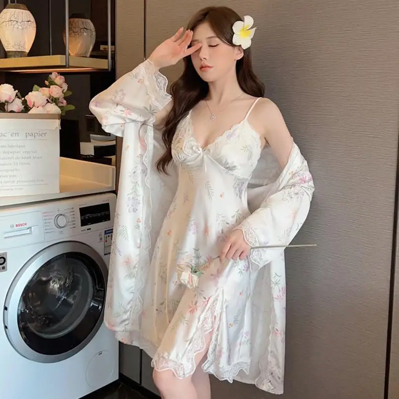 Female Nighty&Robe Set Women Rayon Bathrobe Gown Suit Lace Kimono Nightgown Lingerie Summer Two Piece Sleepwear Loungewear