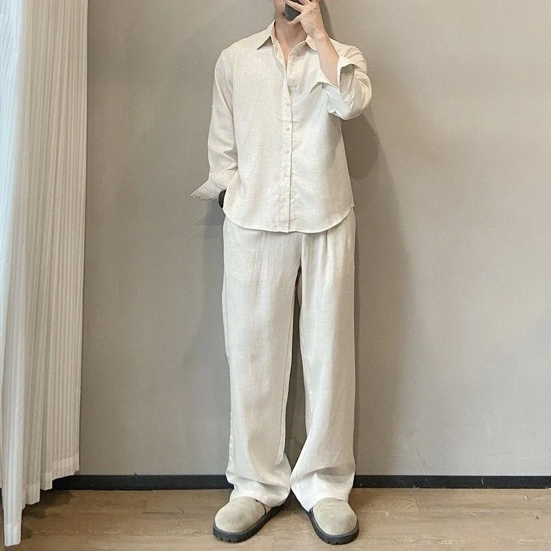 Loose Fit Linen Shirt And Pants Set for Men White Summer Thin Style Two Piece Casual Comfortable Breathable Male Fashion