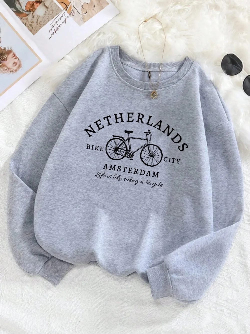AliExpress teekossc Netherlands Amsterdam Bike Design Womens Pullovers Fleece Casual Sweatshirt Autumn Loose Clothes Crewneck All-Match Sportswears
