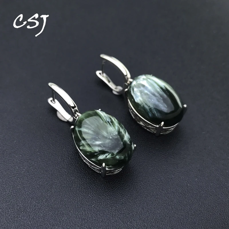 

CSJ Big Stone Natural Seraphinite Earring Sterling 925 Silver Charoite Oval 13*18mm for Women Birthday Party Jewelry Gift