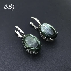 CSJ Big Stone Natural Seraphinite Earring Sterling 925 Silver Charoite Oval 13*18mm for Women Birthday Party Jewelry Gift