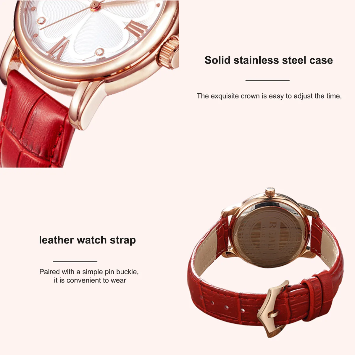 READ Ladies Elegant Quartz Wrist Watch | Clover Pattern Dial | Red Leather Strap | Daily Water Resistant Women Casual Watch