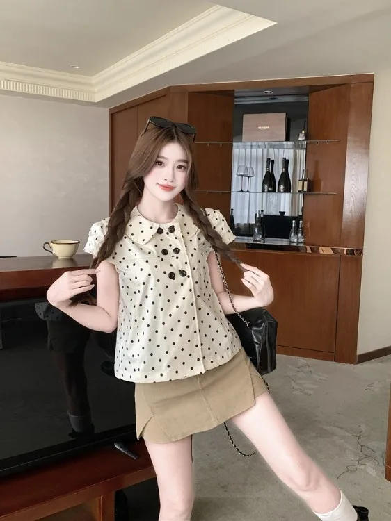 

Sweet Polka Dot Doll Collar Short Sleeve Shirt Women's Summer New Style Double Button High Waist Slim Fit Korean Version Top