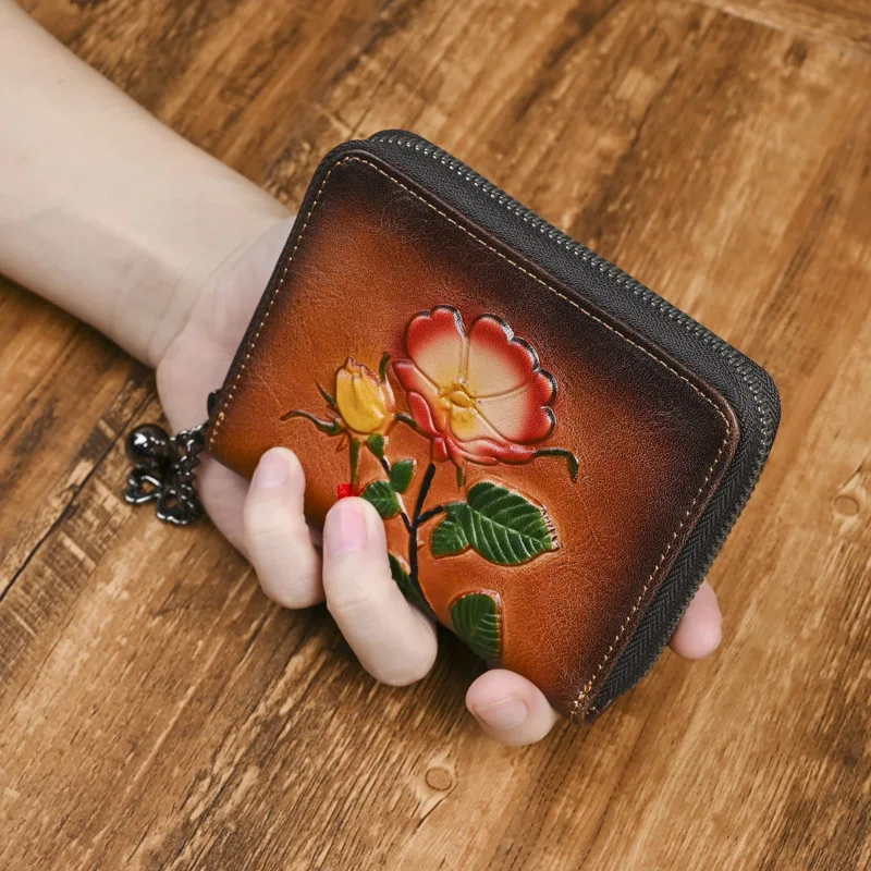 retro-floral-embossed-short-wallet-women's-bifold-leather-coin-purse-card-holder-compact-money-bag-tannery-leather
