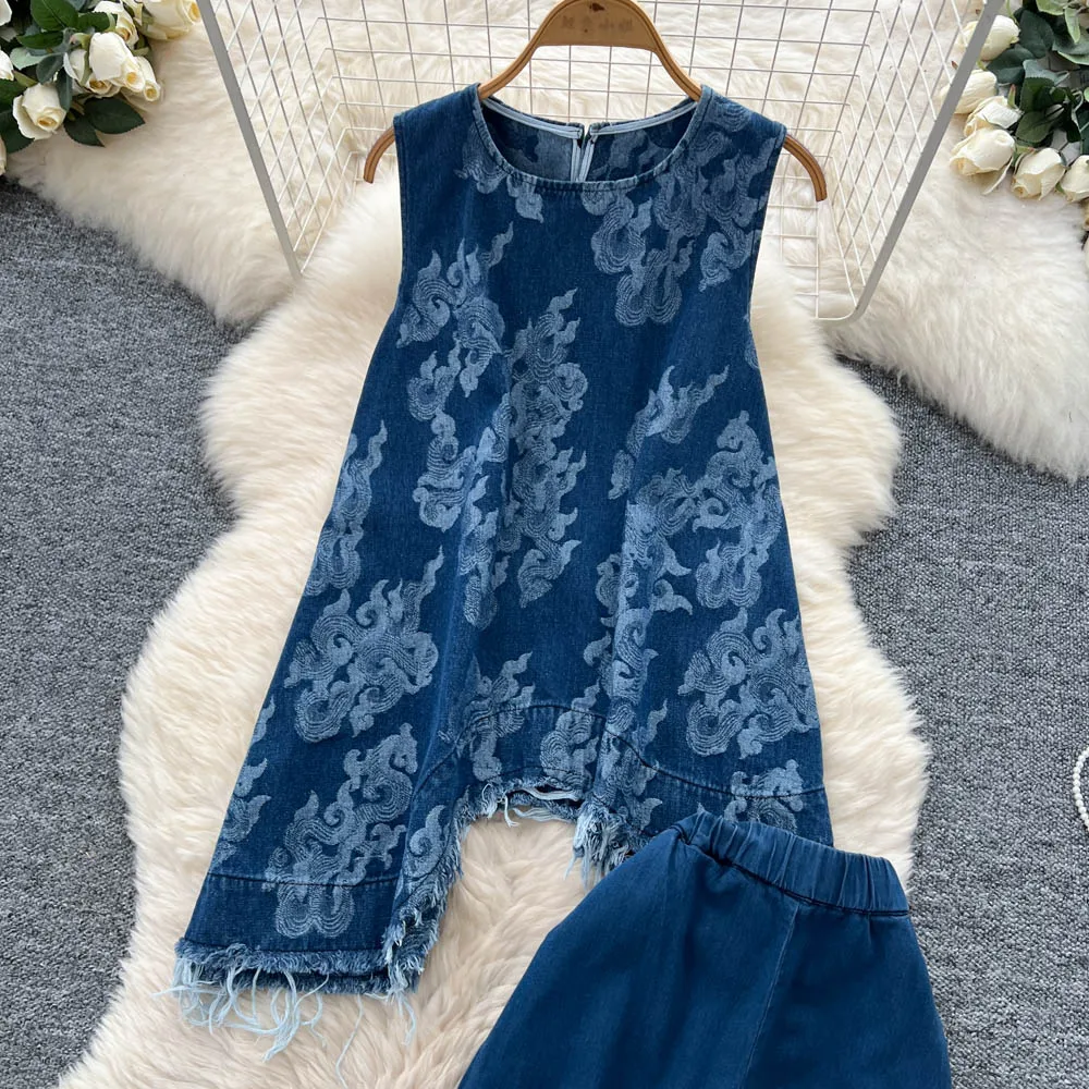 Set di abbigliamento jeans estivi da donna Top in denim allentato senza maniche con scollo a O + tailleur pantalone patchwork a gamba larga