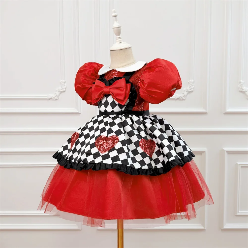 Girls Red Heart Queen Costume Dress Kids Checkered Ball Gown Bow Tie Collar Dress Halloween Carnival Party Fancy Dress Up ASQ03