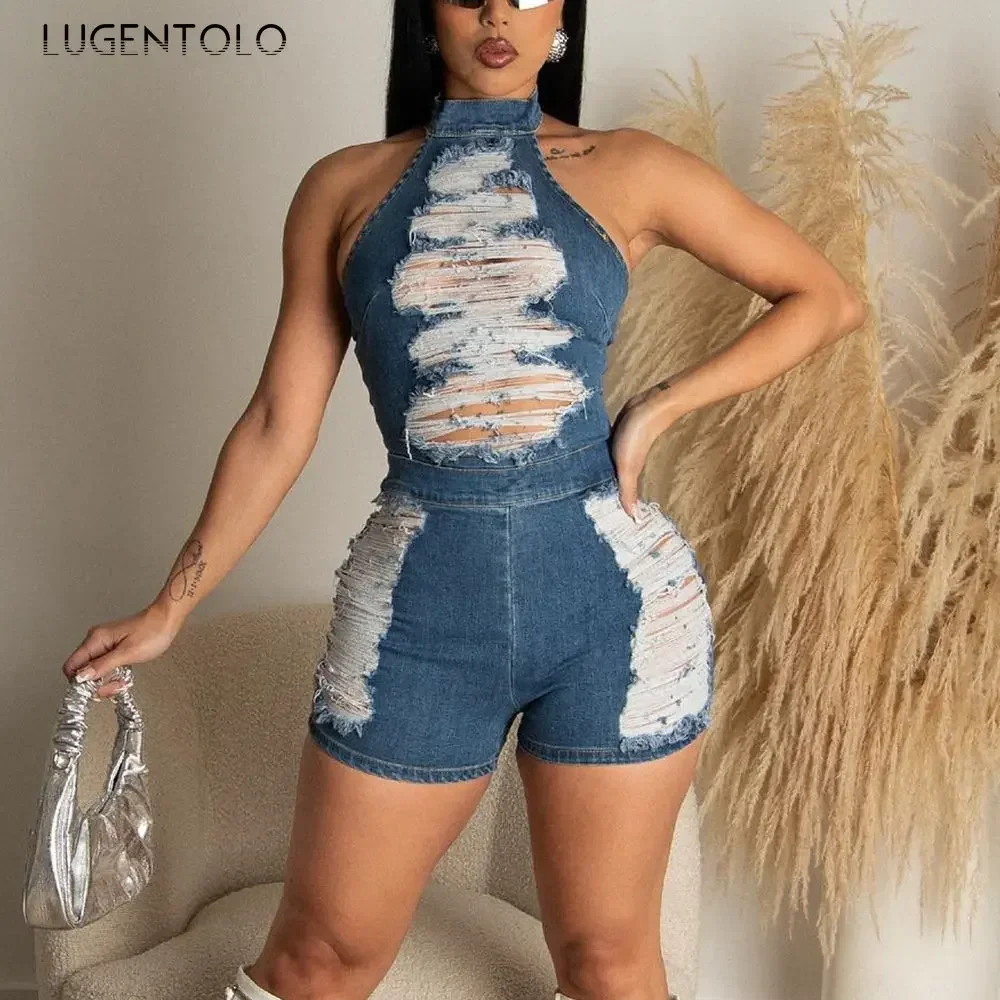 

Women Denim Rompers Hollow Out Sexy Stretch Tassel Halter Distressed Skinny Shorts Summer Playsuits 2025 New Streetwear