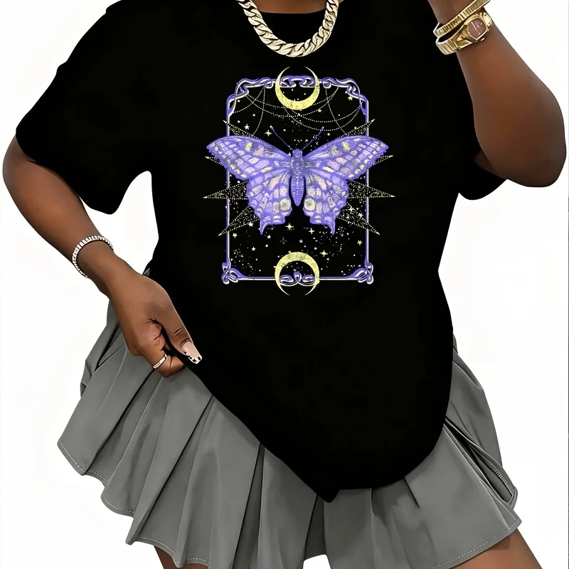 Trendy Design Centered Butterfly Outline Premium Women's 100% Cotton T-Shirt Short Sleeve Top Casual Round Neck Fun Print Tee S-5Xl