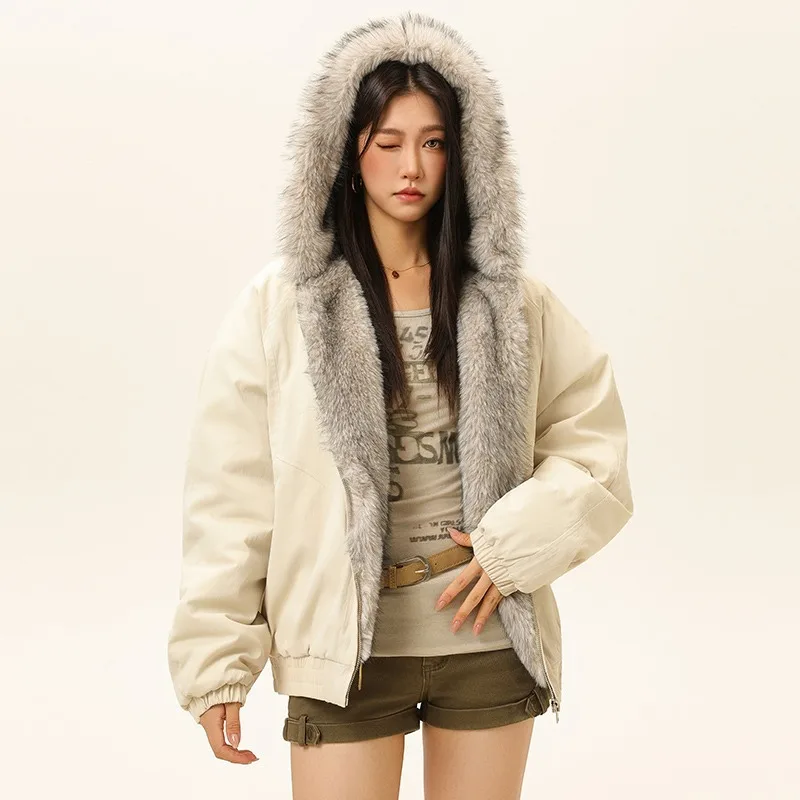 

UETEEY American Harajuku Warm Jackets Mens Womens Retro Simple Plush Jacket Man Loose Motorcycle Punk Fur Collar Unisex Coat