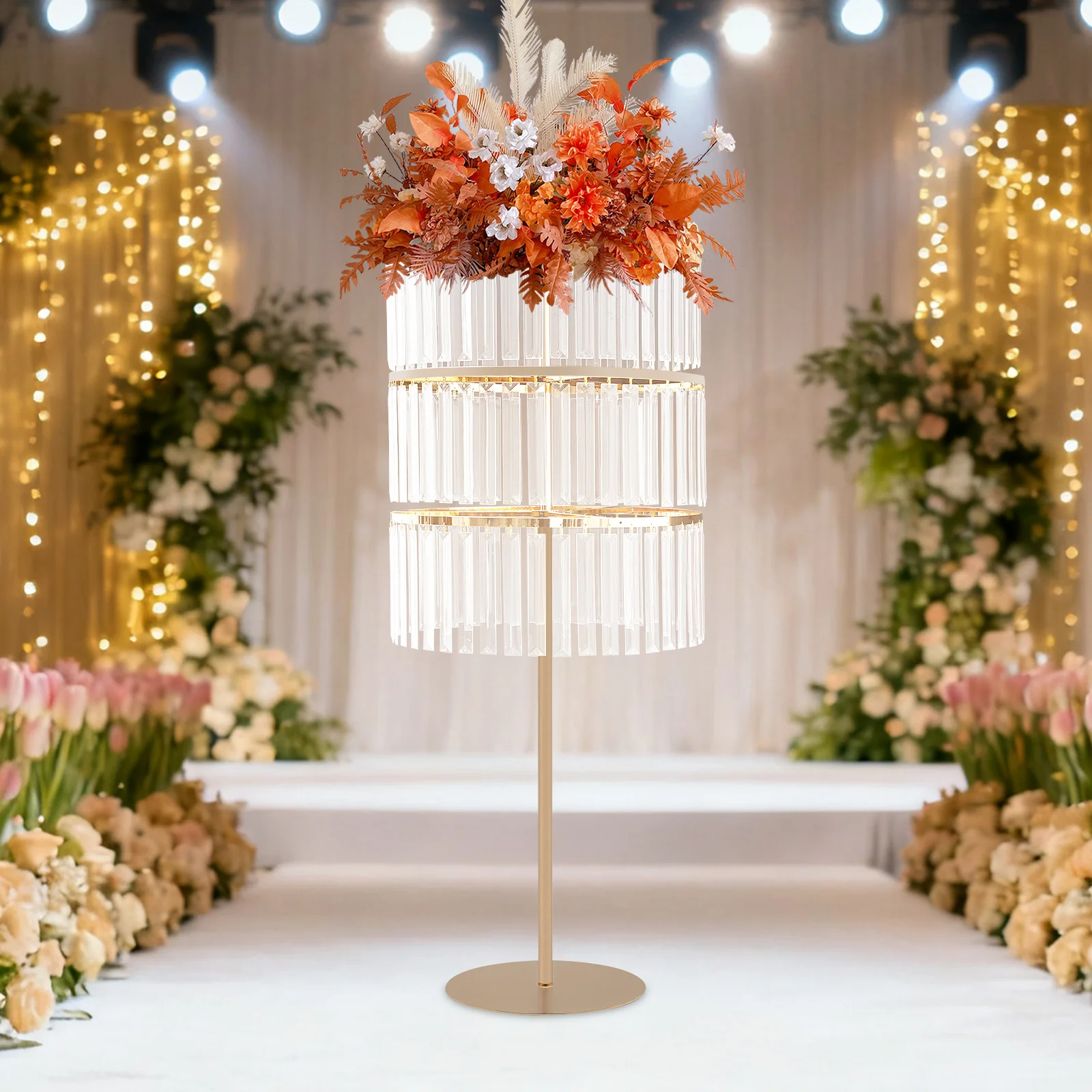 

3-Tier Crystal Ice Curtain Flower Stand in Gold, C-Series, Grand Architectural Accent for Elegant Spaces