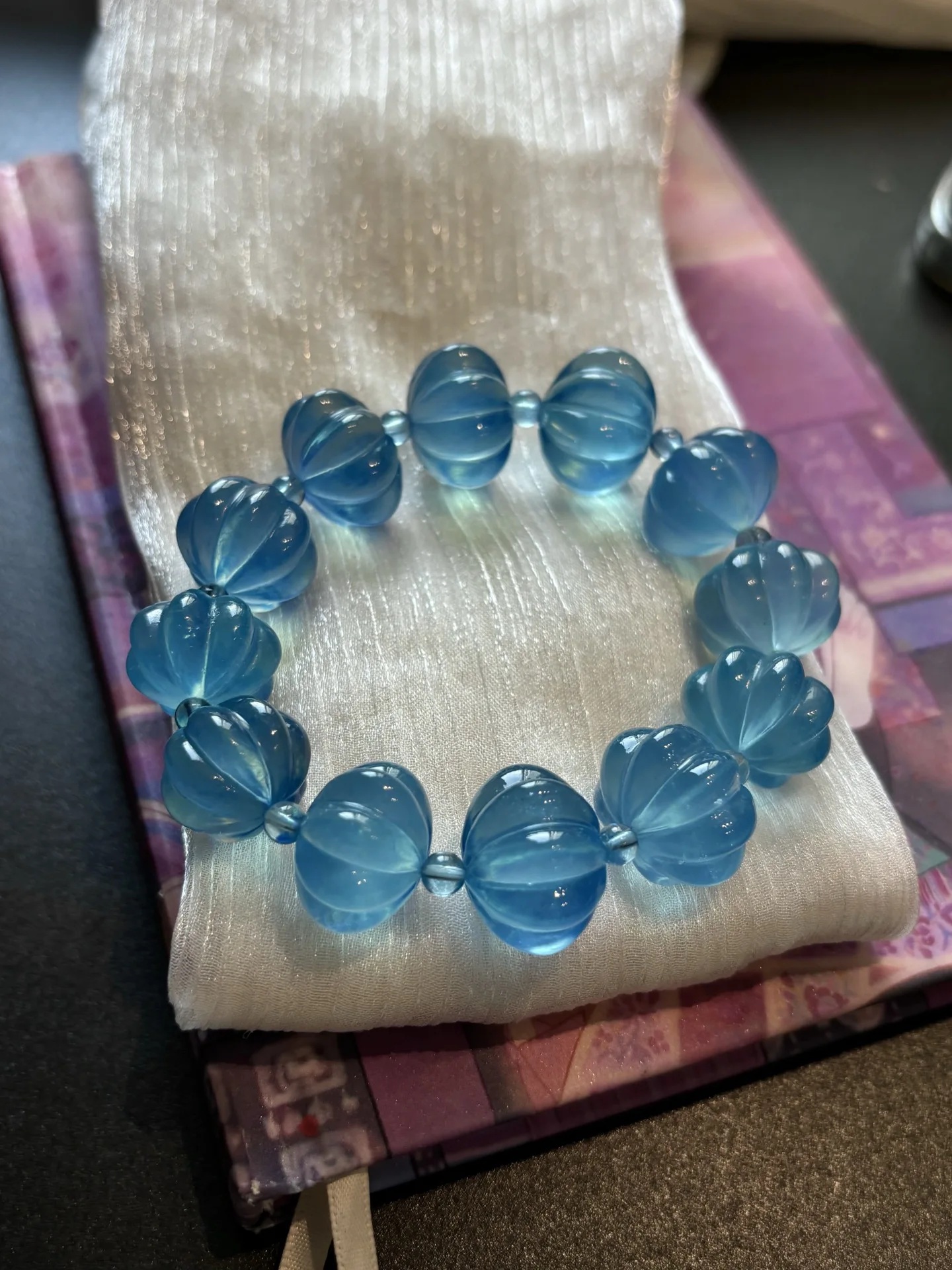 Natural Blue Aquamarine Clear Pumpkin Bead Bracelet Women Men 17.5mm Stretch Blue Aquamarine Jewelry AAAAAA