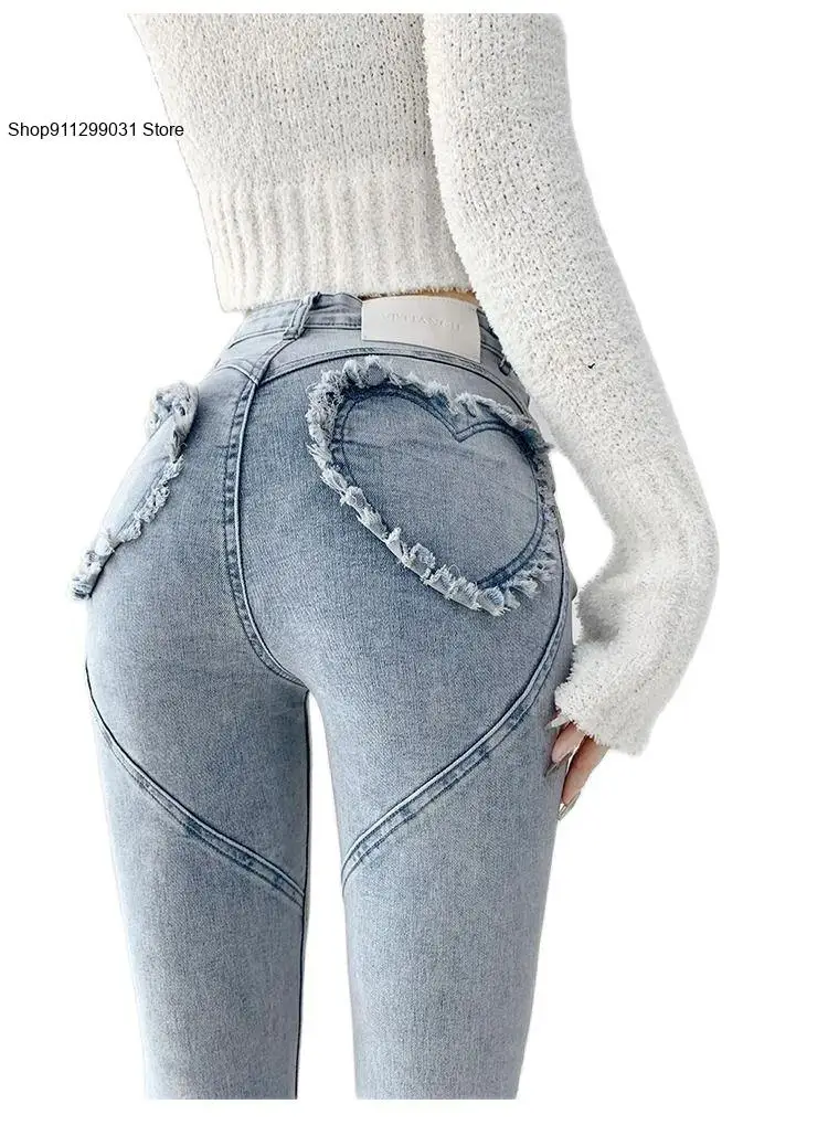 Spring and Autumn American Sexy Splicing Love High Waist Show Thin Tight Hip Lifting Trumpet Jeans for Women