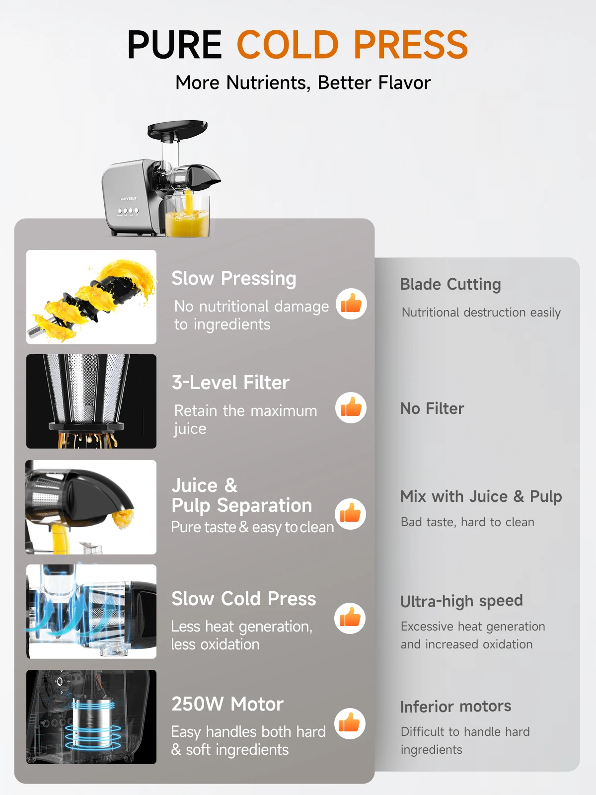 250W Slow Cold Press Fruit Juice Extractor, Anti-jam Reverse, Easy Clean, BPA-Free Quiet Household Vegetable Juicer