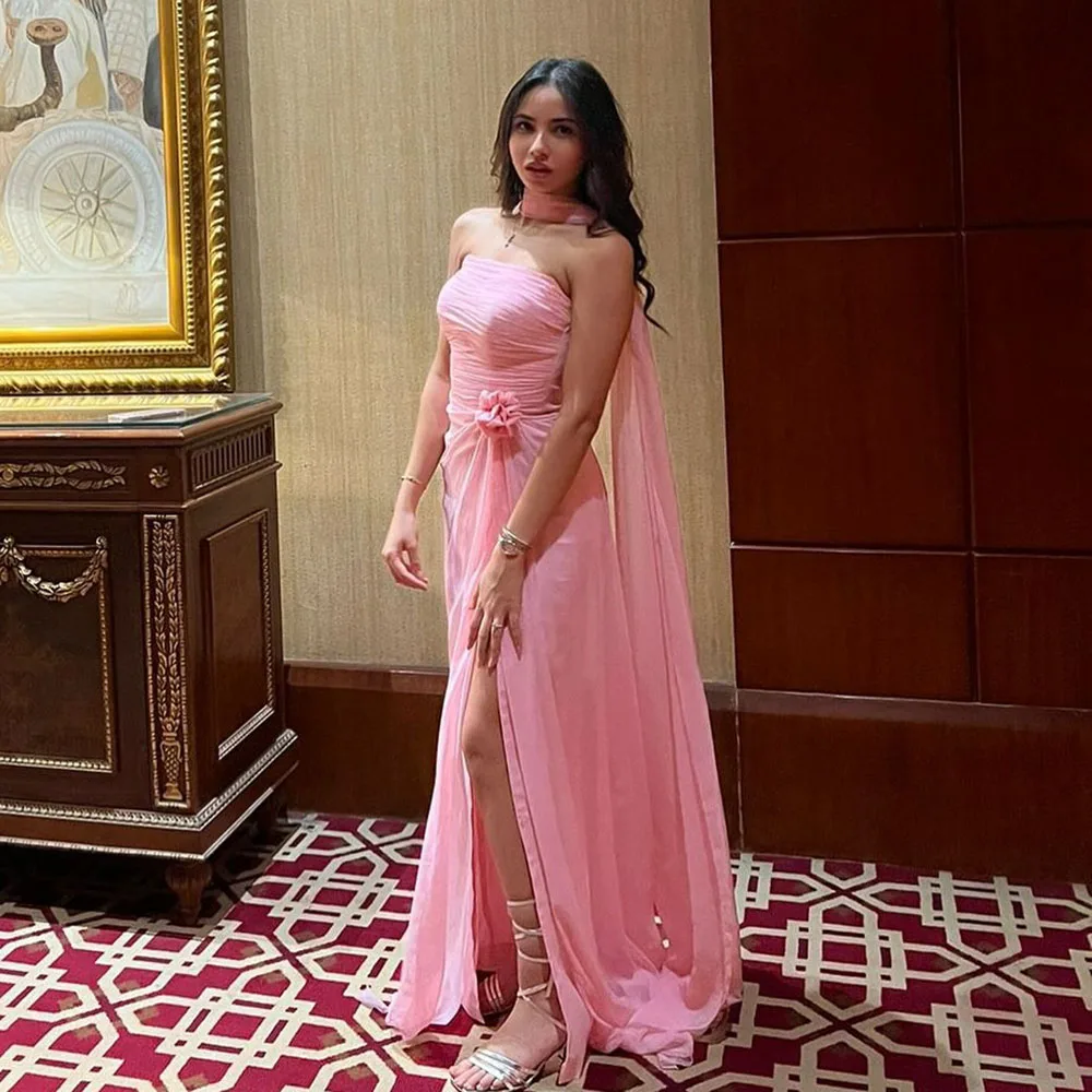 

Msikoods Pink Evening Dresses 2025 Ruched Flower Strapless Sexy High Slit Prom Dress Women Wedding Guest Party Dress Customized