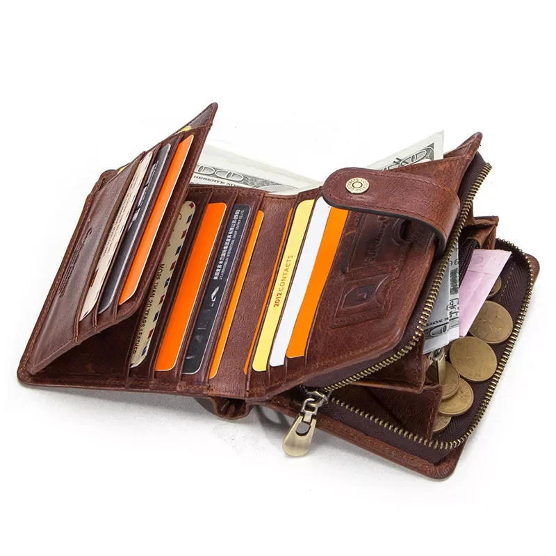 CONTACT'S Echtleder RFID Vintage Geldbörse für Herren mit Münzfach, kurze Geldbörsen, kleine Reißverschluss-Geldbörse mit Kartenfächern, Herren-Geldbörse
