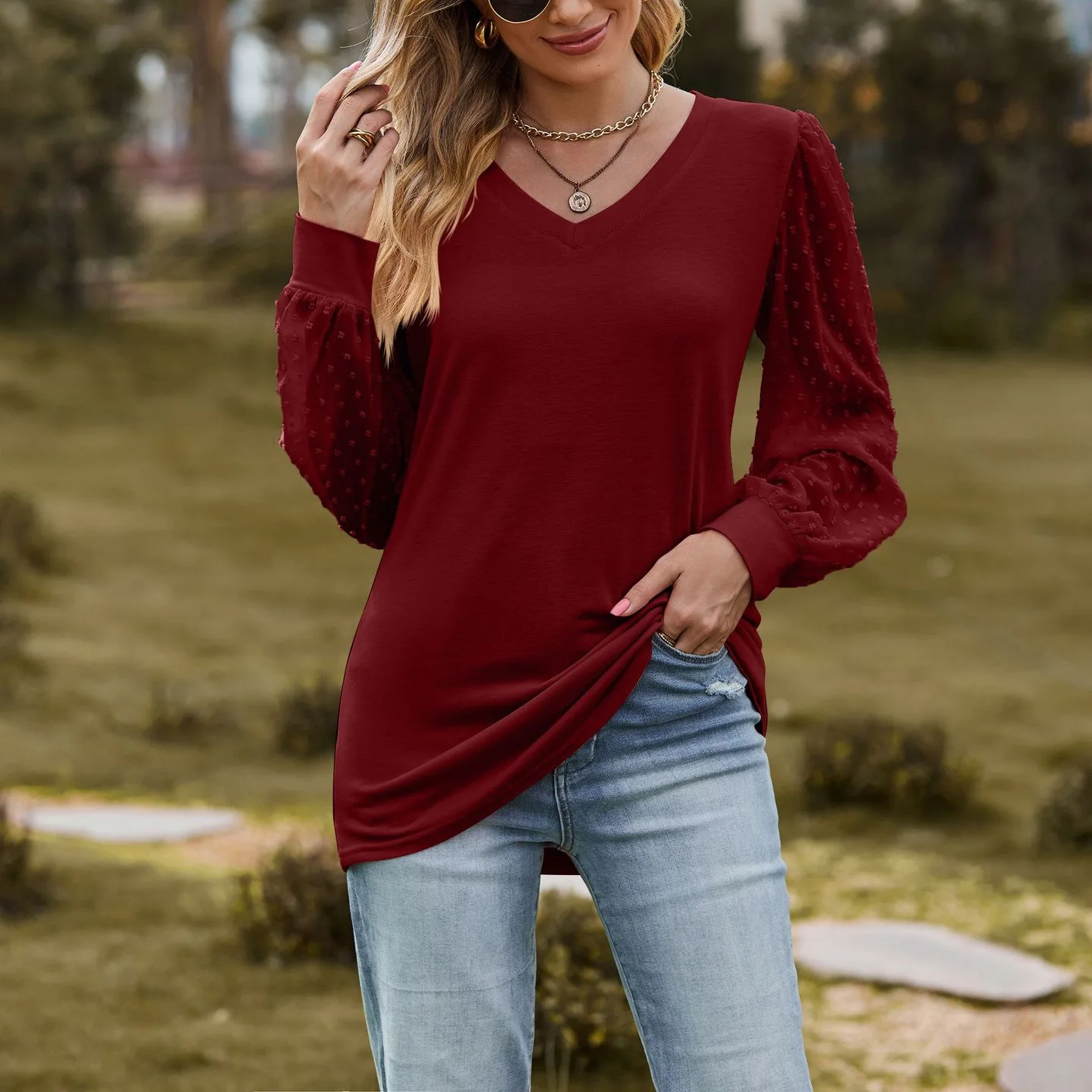 Y2K منظور الموضة بأكمام طويلة تي شيرت المرأة الخريف بلون فضفاض الخامس الرقبة البلوز عادية ركاب قمة بسيطة