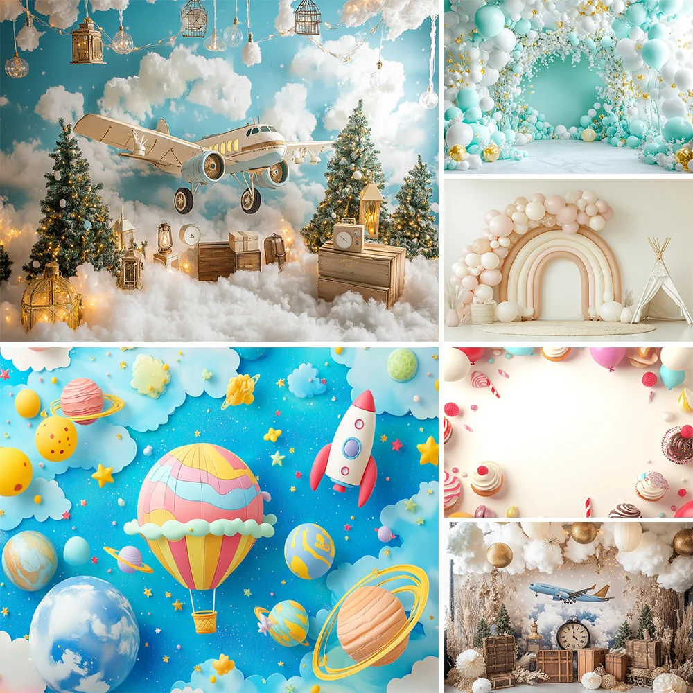 

Newborn Baby 1st Birthday Photography Backdrop Balloons Tent Bear Cake Smash Kids Birthday Party Baby Portrait Background Props