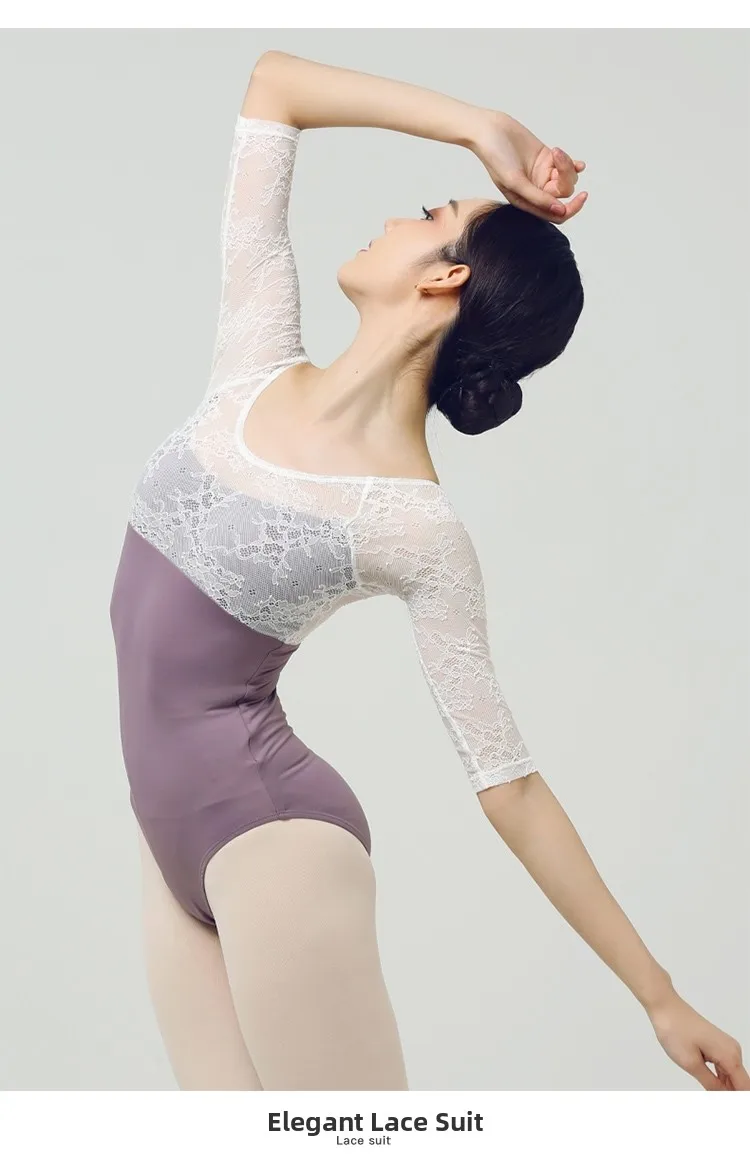 バレエダンス体操服レーススプライスボディスーツミッドスリーブエアヨガワンピーススーツダンス練習ユニフォーム女性用レオタード
