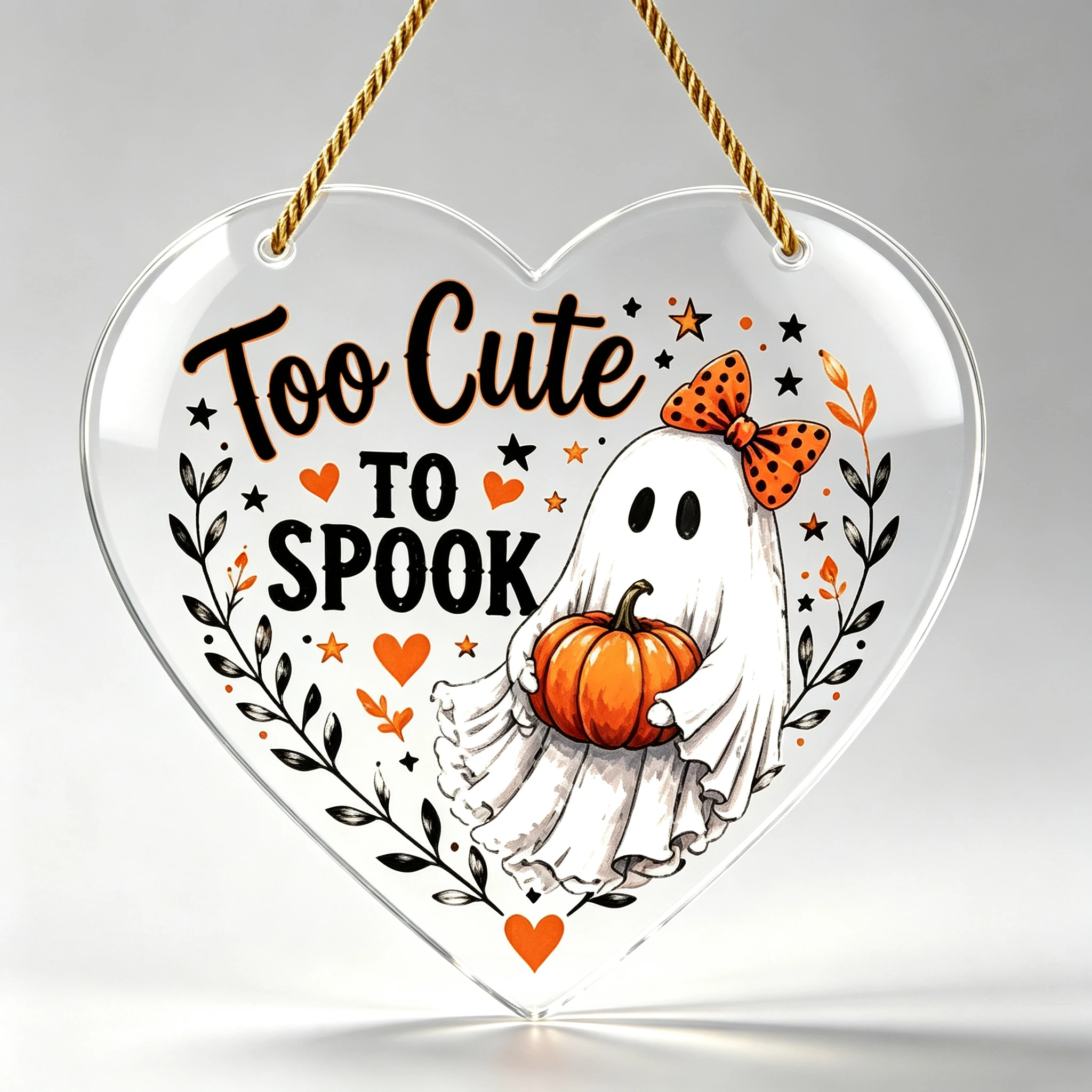 Too Cute To Spook Heart‑Shaped Acrylic Hanging Ornament, Polka Dot Bow Ghost Pumpkin Halloween Wall Decor