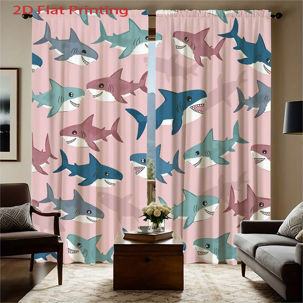 Cute Shark Curtains 2pcs – Pink Background with Blue & Purple Cartoon Sharks, Kids Room Decor for Nursery and Children's Bedroom