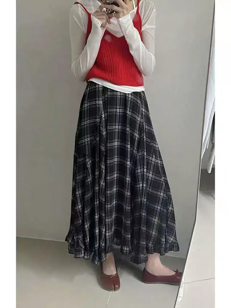 

plus Size Summer Plaid Skirt Women's High Waist A-Line Midi Skirt with Lace Hemline Slimming Effect Beach Vaion Sle
