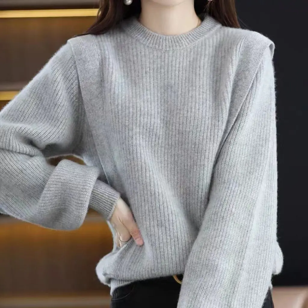 

Women's round Neck Knitted Sweater Thick Autumn Winter Korean Style Pure Color Simple Versatile Elegant Lazy Style Outwear
