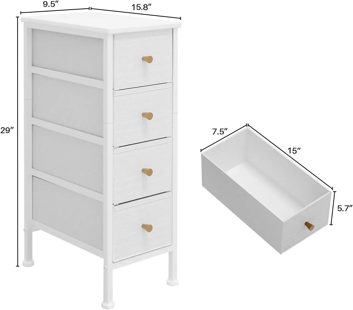 Commode en tissu mince avec devant en cuir et dessus en bois, 4 portes de proximité, tour de rangement MELStorage pour les petits espaces, Wh