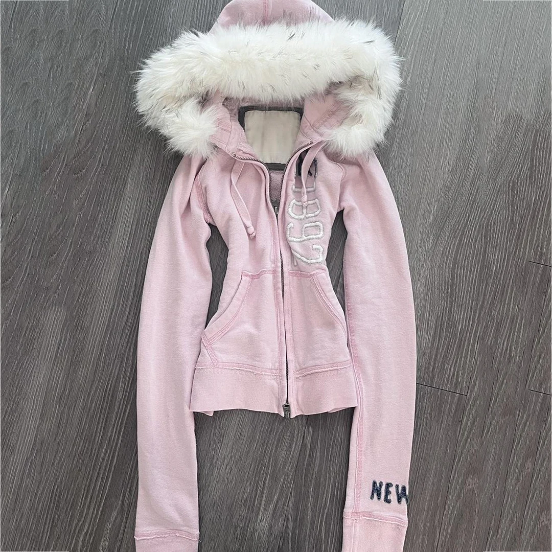 

Ladies' pink plush hat zipper hoodie slim fit letter embroidery Y2K casual sweatshirt