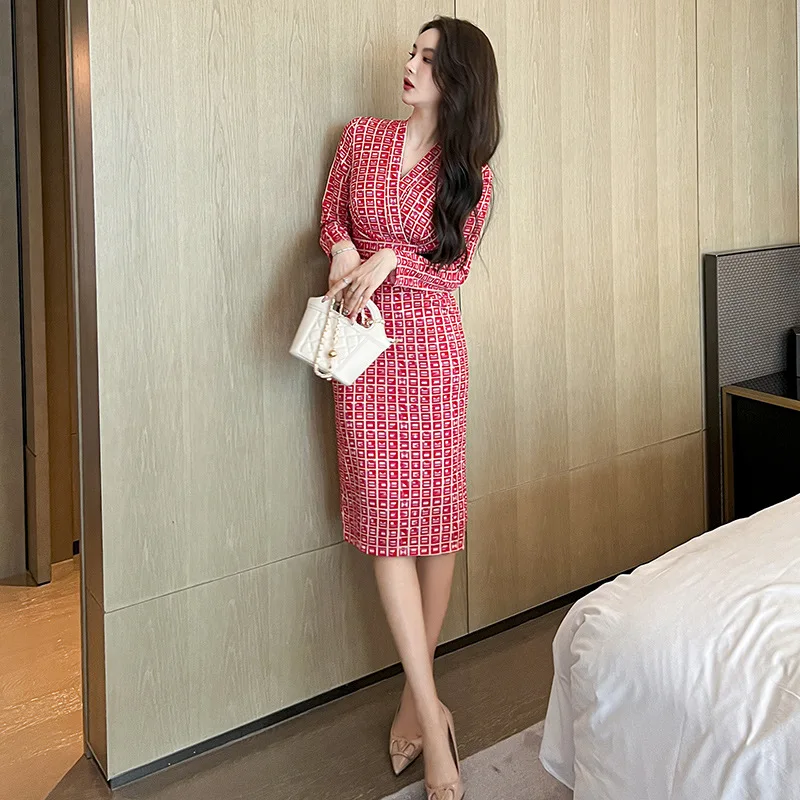 

2022 Fashion Female Lace Up Slim Long Sleeve Dresses Vintage Printed Elegant V-Neck Dress Autumn Women's Clothing Vestidos