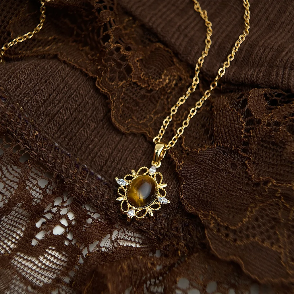 Bohemian Vintage Tiger Eye Pendant Necklace Luxury Zircon Collar Chain Unique Mid-Century Modern Minimalist Jewelry Accessories