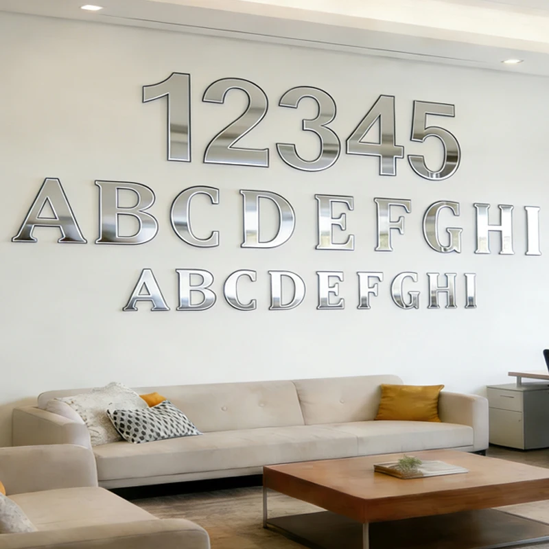 Silver English Letters Wall Sticker Acrylic  Wall  10cm  20cm Arabic Numerals 1 2 Sticker Decals Self-Adhesive Home Party Decor
