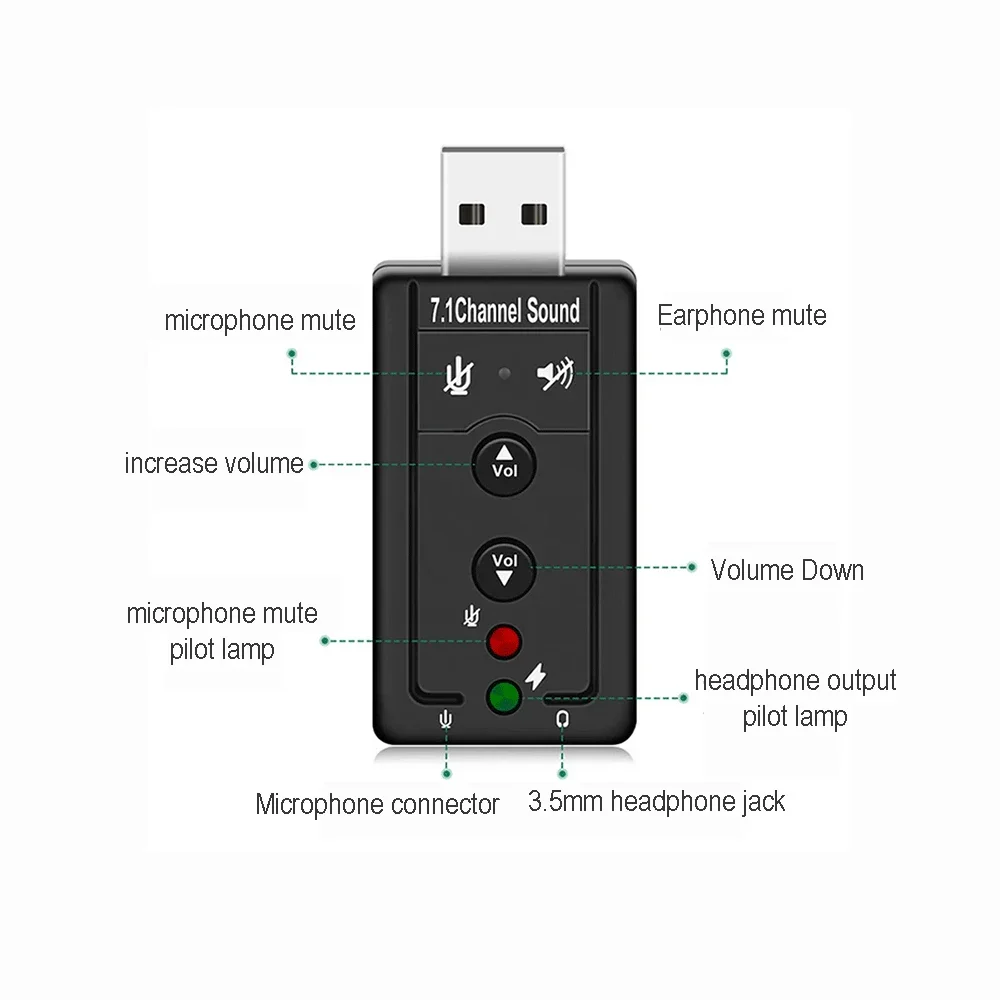 External 7.1 Channel USB Stereo Audio 3D Sound Card Adapter Microphone Headset Jack for Laptop PC