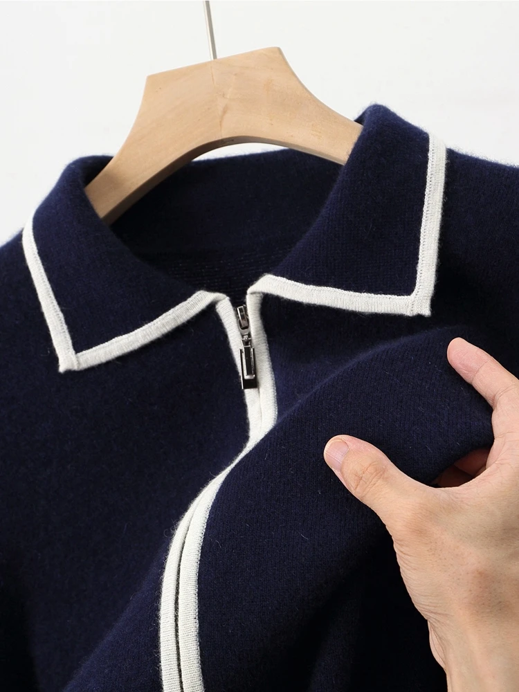 Sweter Pria Kerah Polo Mantel 100% Wol Merino Cardigan Pakaian Musim Gugur Musim Dingin Sweter Rajut Korea Tebal Resleting Terbuka Jaket Jahitan