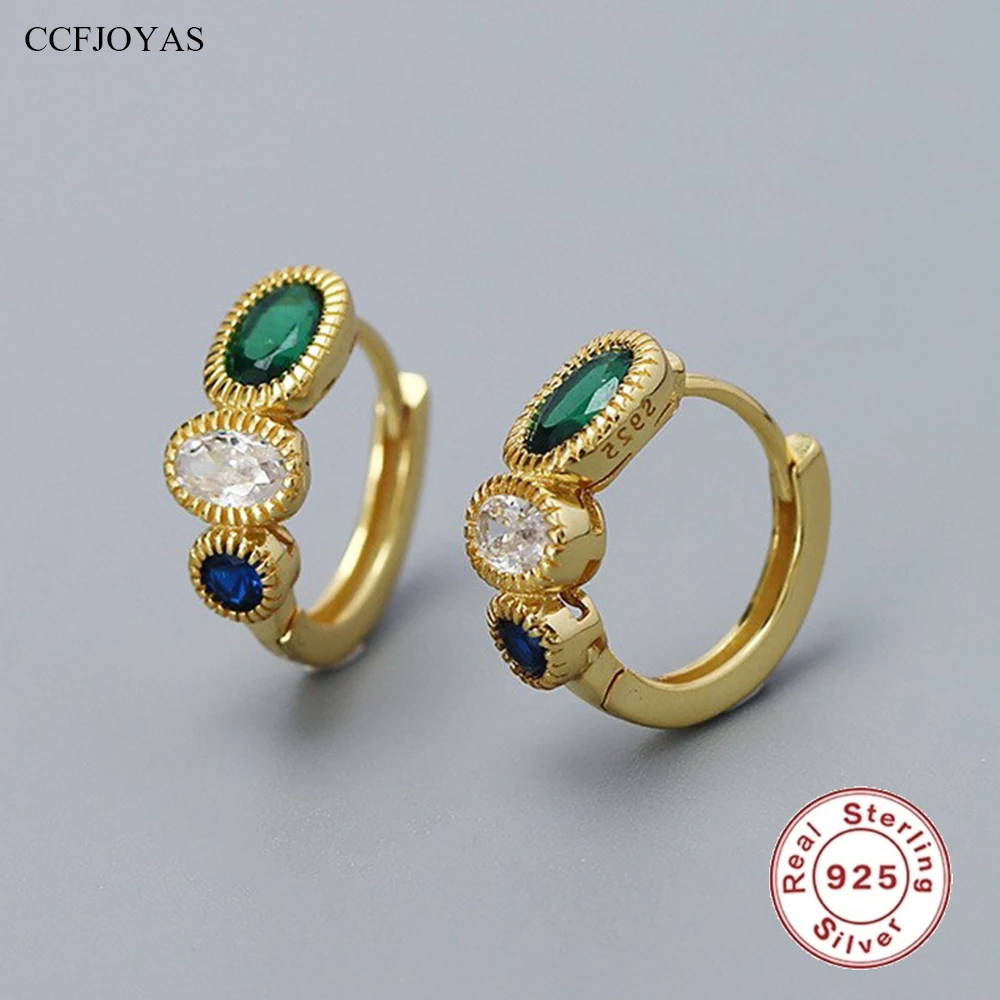 CCFJOYAS anting zirkon tiga warna geometris Eropa dan Amerika anting-anting Hoop perak murni 925 untuk perhiasan wanita