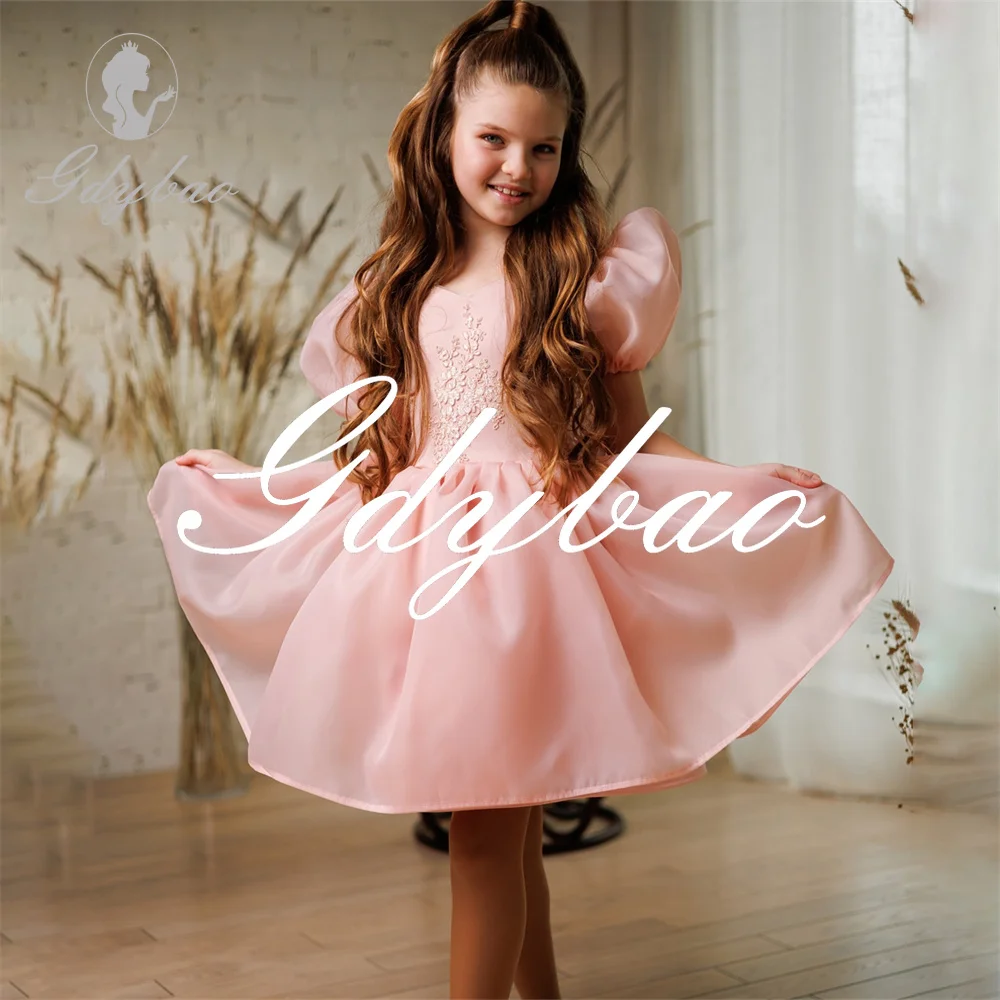 

Summer Wedding Princess Applique Bow Elegant Flower Girl Dress Puff Short Sleeve A Line First Communion Dress Customized New