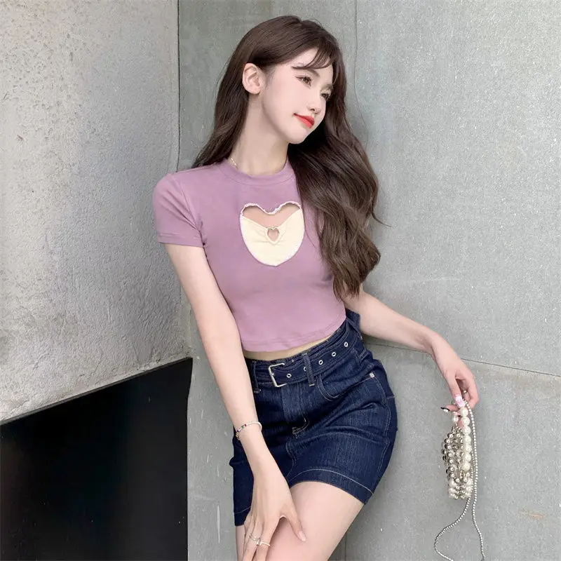 Hollow Out Short Top Women Love Design Sense Patchwork Chic Summer New O-neck Hotsweet Short Sleeve T-shirt Female