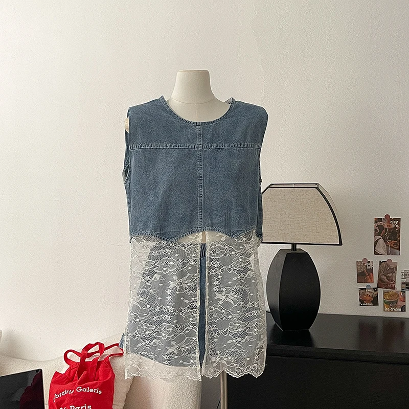 

Personalized Women's Denim Set Elastic Waist Loose Wide Leg Denim Shorts Summer New Lace Mesh Splicing Sleeveless Top Tank
