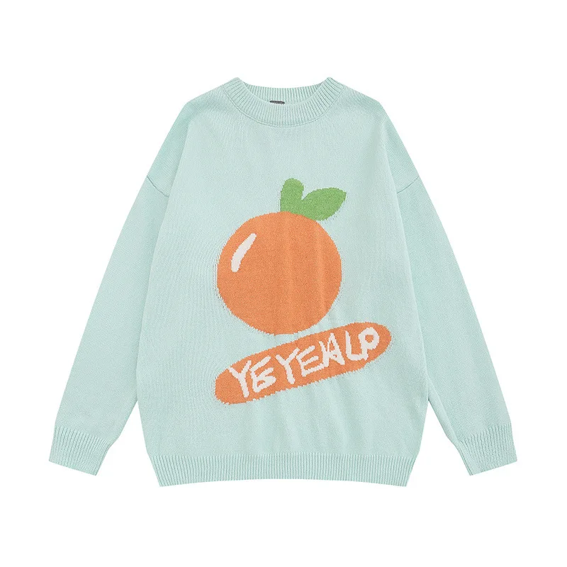 Orange Jacquard Knitted Sweater Mens Autumn Winter Casual Loose Crew Neck Long Sleeve Pullover Men