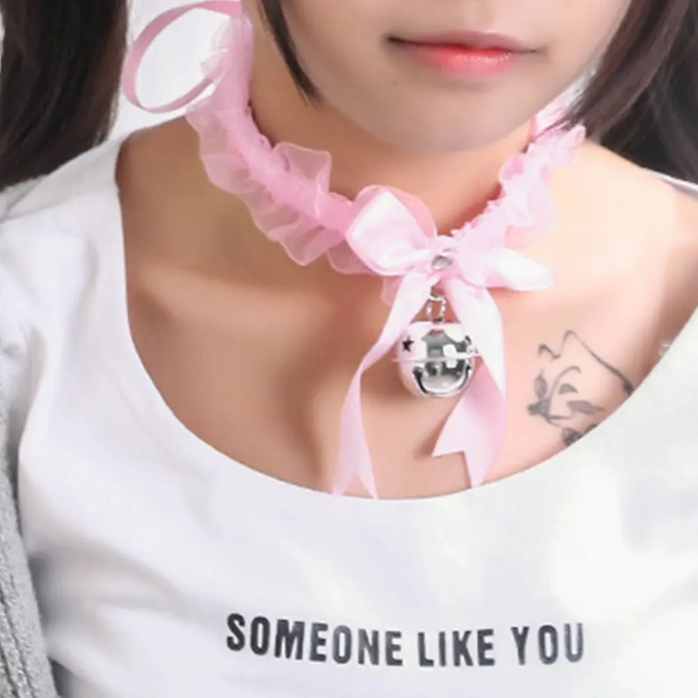 

Lace Choker Necklace Bowknot Design Pink Pendant Bell Neck Ring Sexy Decor Gift Pendant Necklace Jewelry Accessories