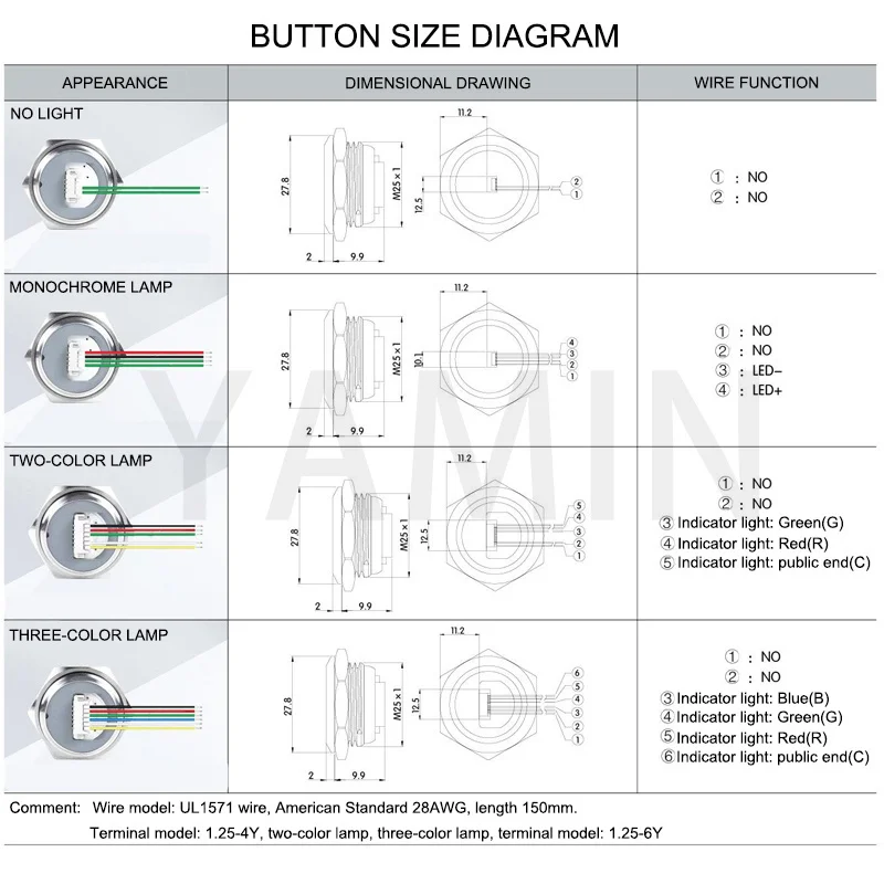 19/22/25/30mm Bi/Tri Color Ultra Short Metal Push Button Switch With Wire 3-6V 12-24V 220V LED Light Momentary Reset Waterproof