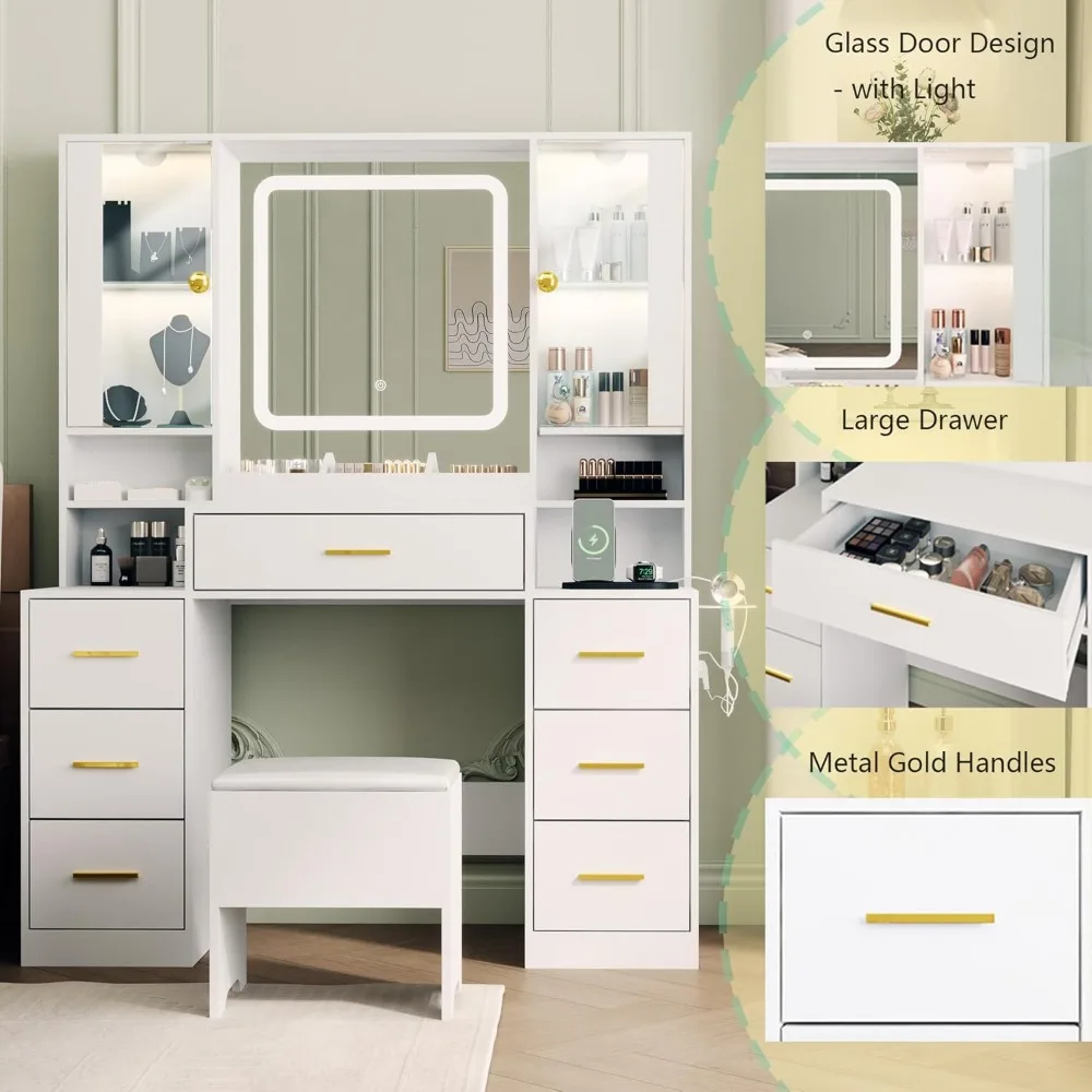 Meja rias bercahaya dengan cermin LED, penyimpanan 7 laci, dan kabinet RGB