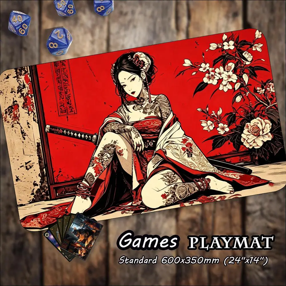 Oriental Ukiyo-e Geisha Large Tabletop Playmat Non Slip Rubber Mat Retro Floral Art Pad For Trading Card Board Game Desk Pad
