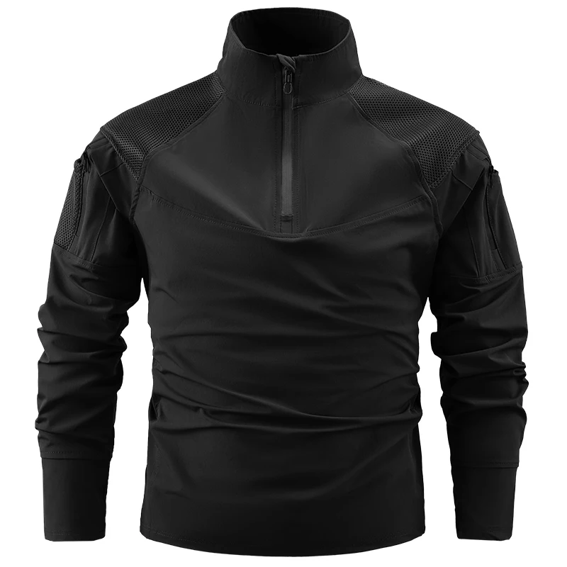

Men Tactical T-shirts Men Quick Dry 1/4 Zip Long Sleeve Shirts Outdoor Zipper Pockets Combat Training Hiking Long Sleeve T-shirt