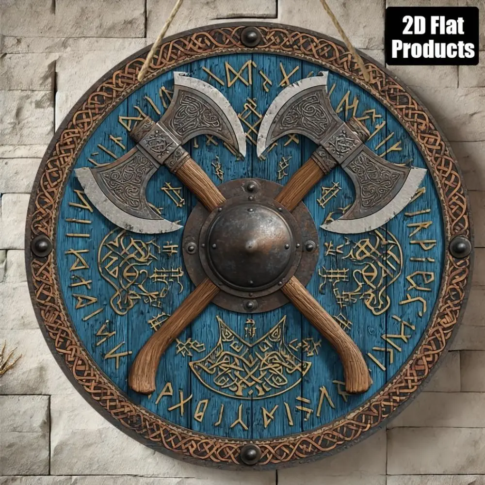 Round Metal Poster, Retro Relief Viking Shield Decor for Home & Garage Wall Art