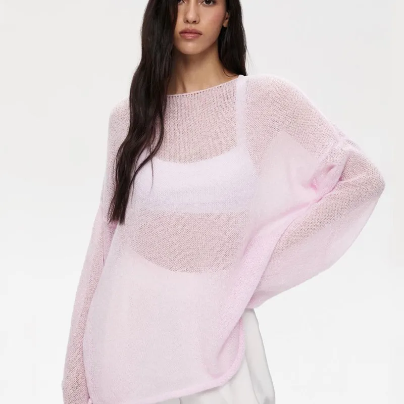 Chic Loose Sweater Summer Autumn O-Neck Hollow Knitted T-Shirt Cozy Pullover Long Sleeve Women Top Tees Transparent Sweaters
